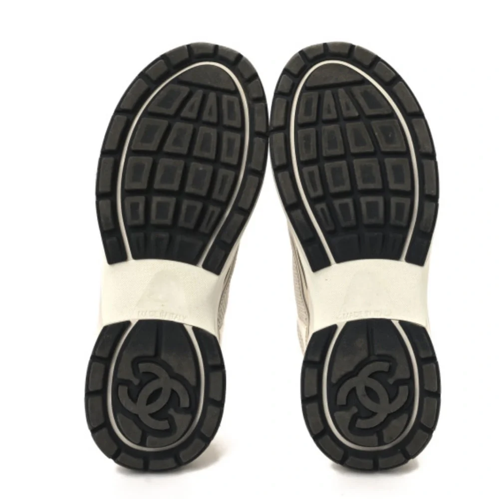 CHANEL Cream White Beige Mesh Logo Sneakers